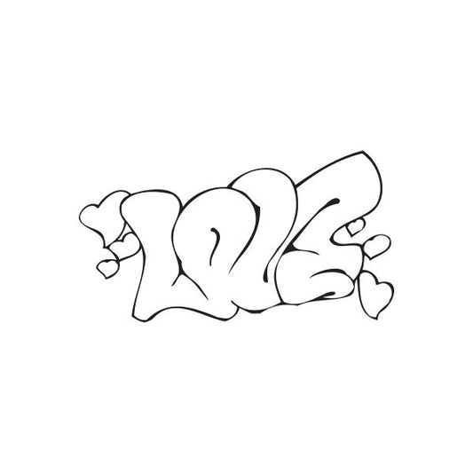 Graffiti love hearts decal with bold heart outlines and playful lettering shapes