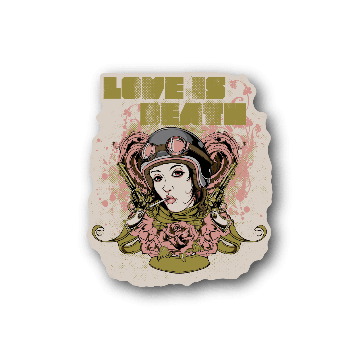 Vinyl sticker of a female pilot in helmet with roses and "LOVE IS DEATH" text