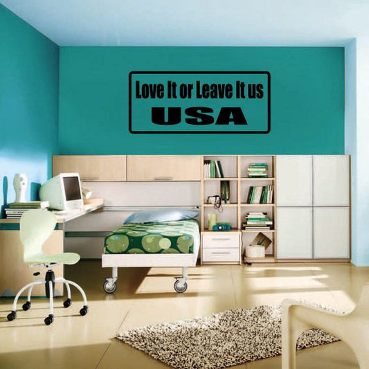 Wall decal with 'Love It or Leave It us' and large 'USA' text in black