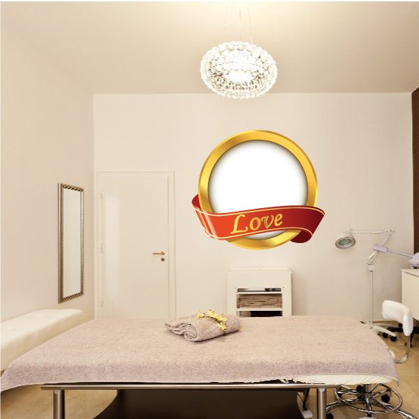Love banner sticker with yellow ring and red ribbon reading 'Love'.