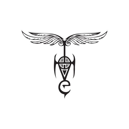 Black tribal wings and mask graffiti wall decal with central dagger-like emblem