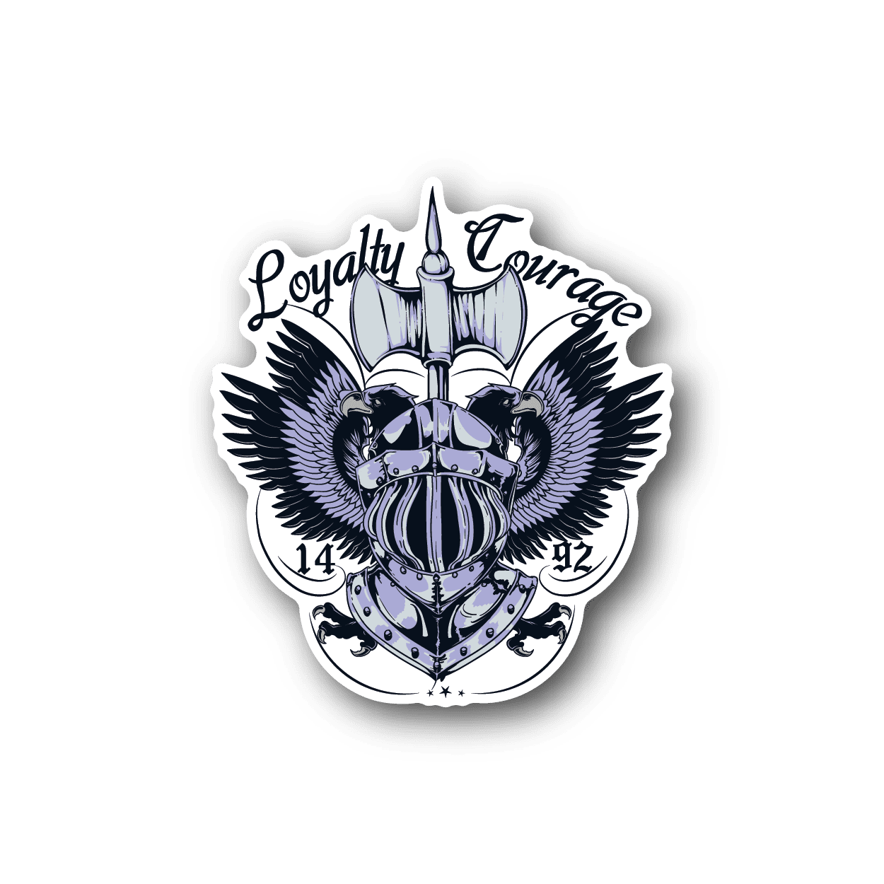 Vinyl sticker: blue armored helmet with wings, cursive “Loyalty Courage”
