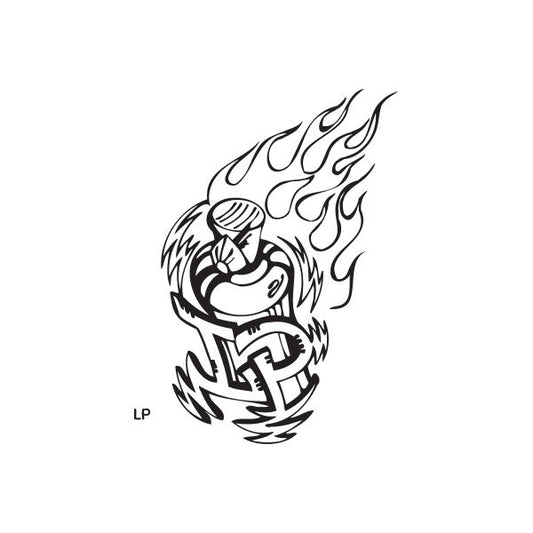 LP spray paint can logo with flame graphic