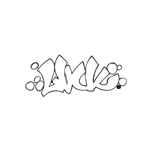 Black graffiti word decal with bubble dots and outlined letters