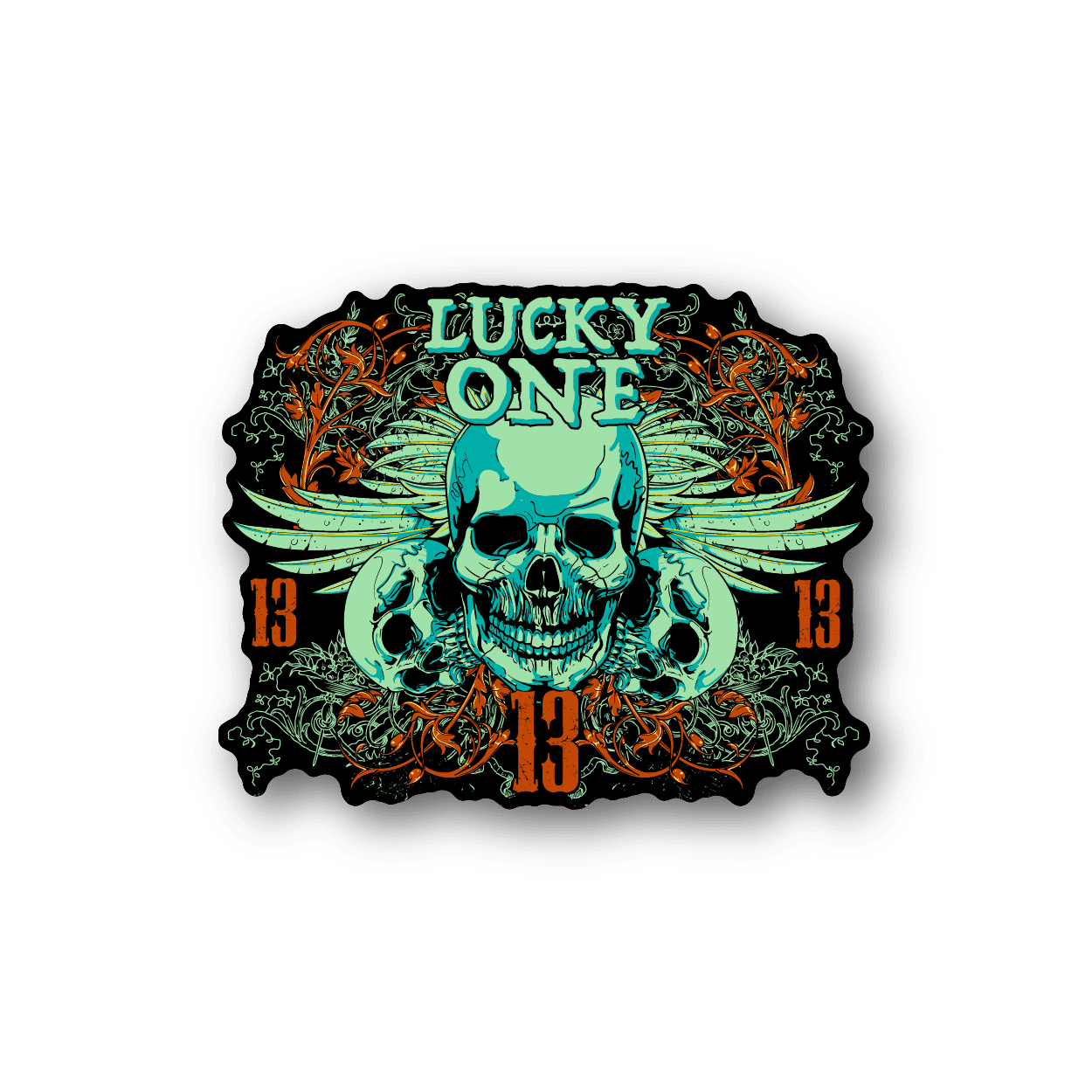 Skull vinyl sticker with wings, Lucky One text, and 13 number accents