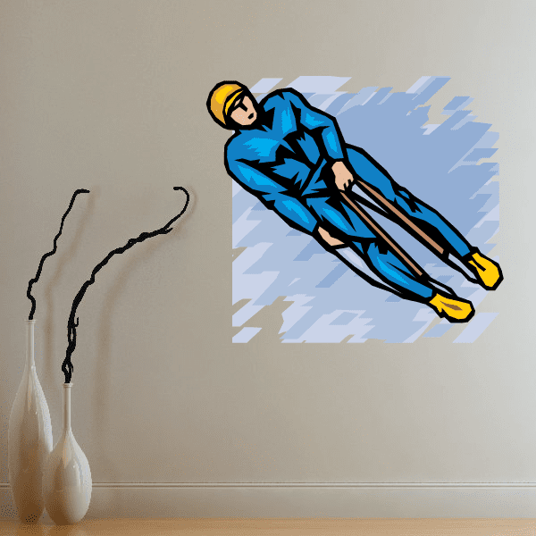 Printed die-cut luge rider decal, blue suit with yellow sled and track lines.