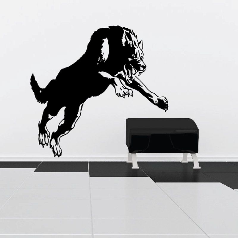 Black lunging wolf wall decal silhouette with open mouth and claws