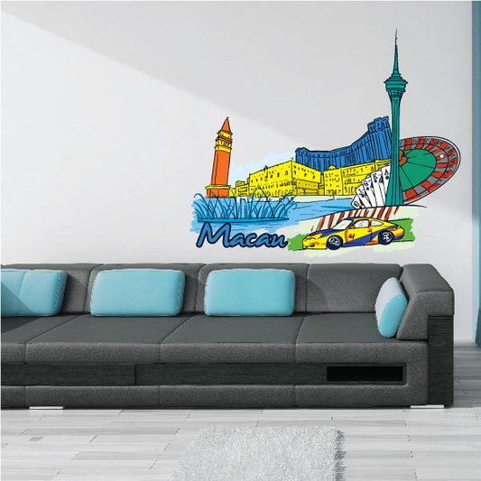 Macau sticker with colorful skyline, landmark tower, and text