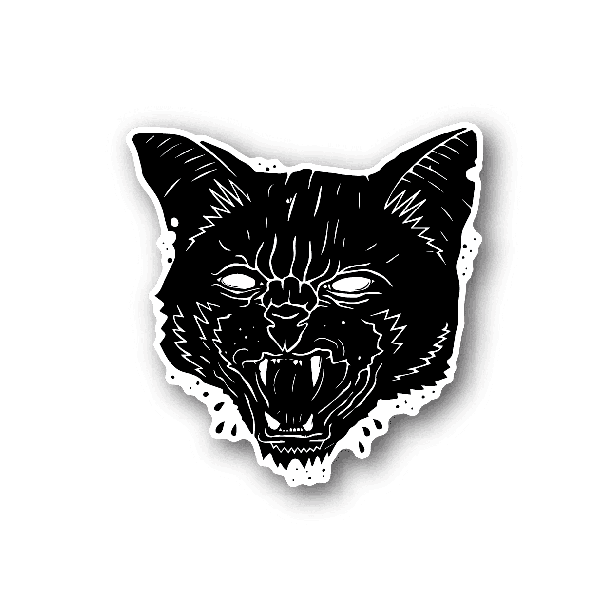 Vinyl cat face sticker with bold black and white outline, growling expression