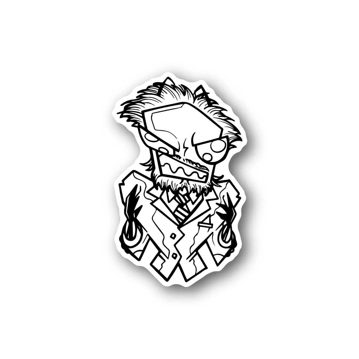 Mad Scientist vinyl sticker of cartoon bearded scientist wearing goggles, white outline