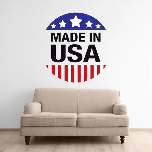 Circle sticker with blue star arc reading MADE IN USA and red striped emblem