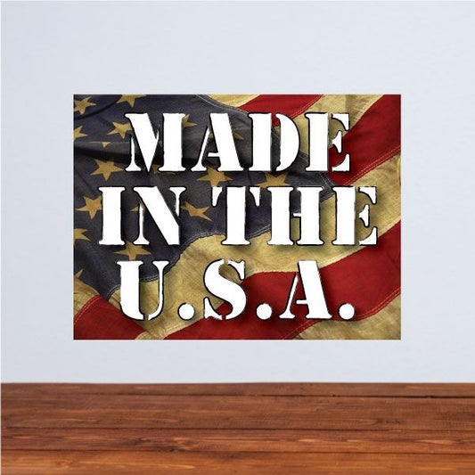Weathered U.S. flag sticker with distressed 'MADE IN THE U.S.A.' text