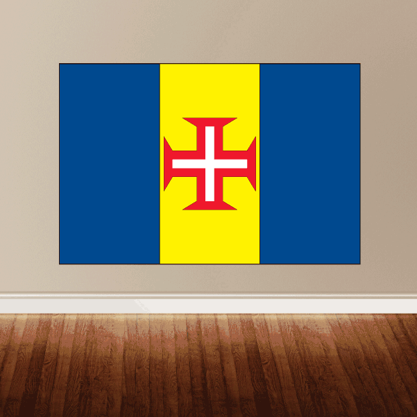 Madeira flag sticker with blue field and yellow center panel and red cross