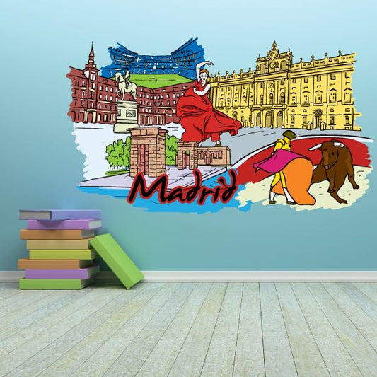 Madrid city sticker with colorful illustrated buildings and lion figure