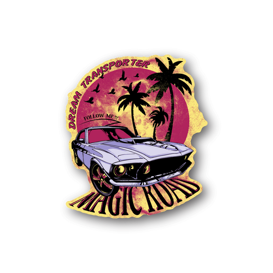 Vinyl sticker with retro car, palm trees, and arched text "Dream Transporter"
