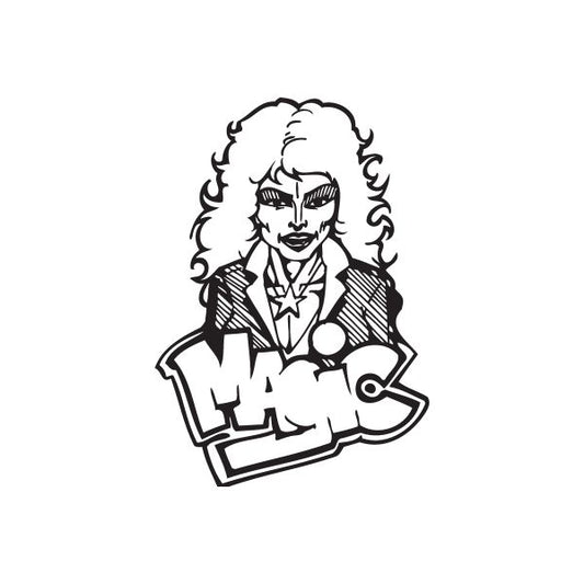 Graffiti-style woman portrait decal, black-and-white line art with curly hair and mask.