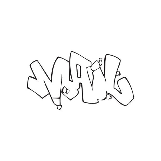 Graffiti mail decal with bold black outlined letters and small icons