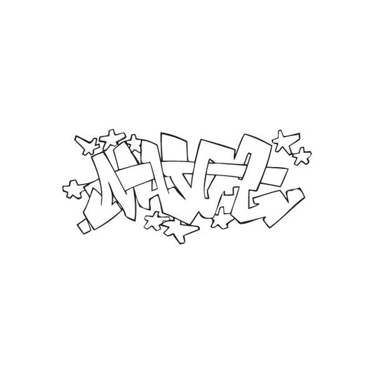 Graffiti decal with bold outlined letters and small star accents