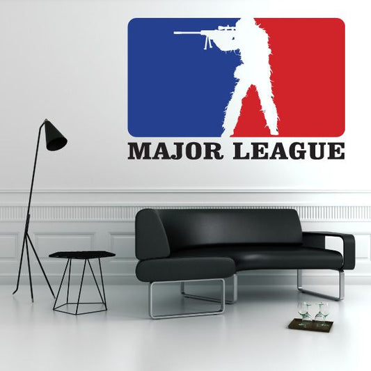Major League aiming soldier die cut decal, blue red and white with baseball text