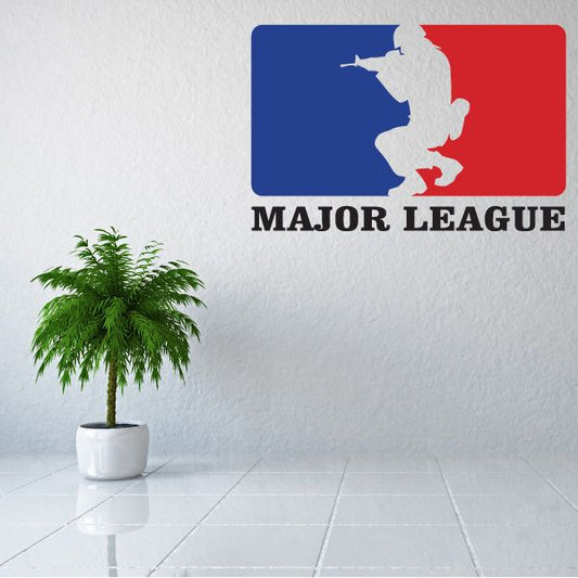 Major League printed die-cut decal with white baseball player silhouette on red and blue