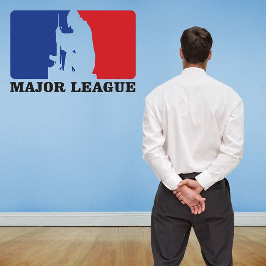 Major League die-cut decal with kneeling soldier baseball player logo in red and blue