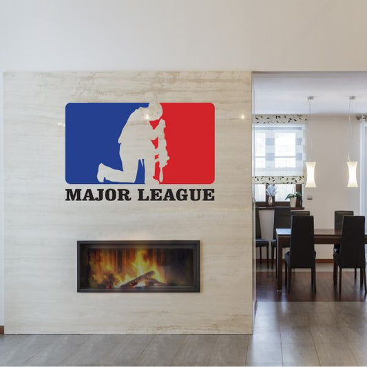 Praying soldier printed die-cut decal with Major League text, blue/red logo