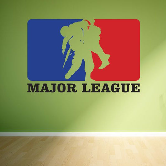 Printed die-cut decal with Major League logo and baseball player silhouette, blue and red