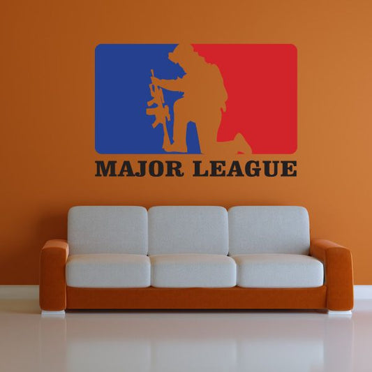 Die-cut wall decal with blue and red rectangle and gold baseball player, reads MAJOR LEAGUE.