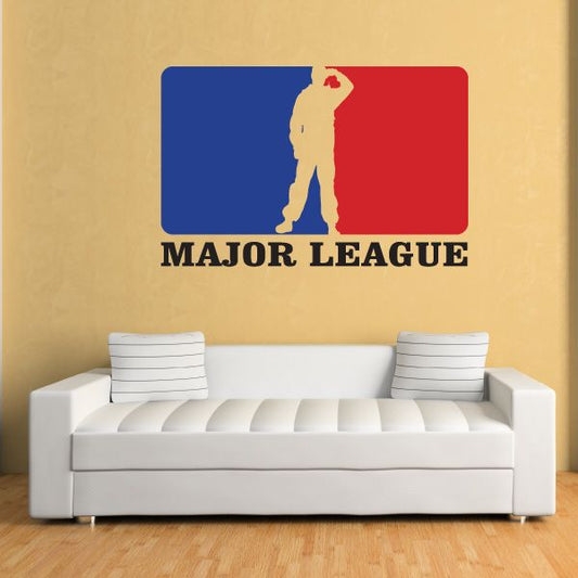 Printed die-cut decal with baseball player silhouette, blue/red panels, Major League text