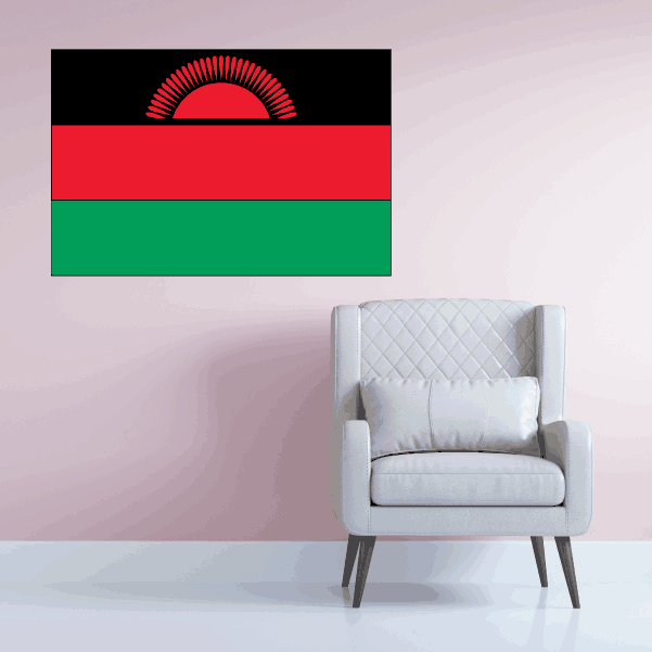 Rectangular Malawi flag sticker with black sun rays, red stripe and green stripe