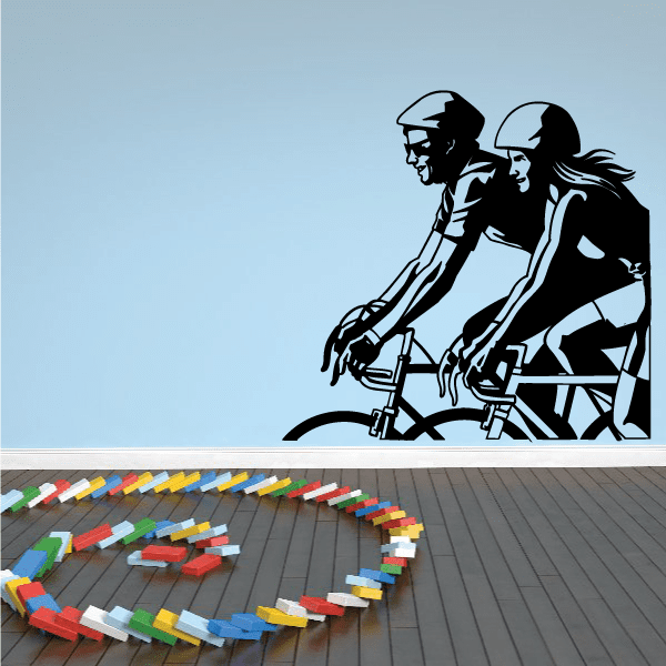 Cyclist decal featuring two black silhouettes, male and female on bicycles