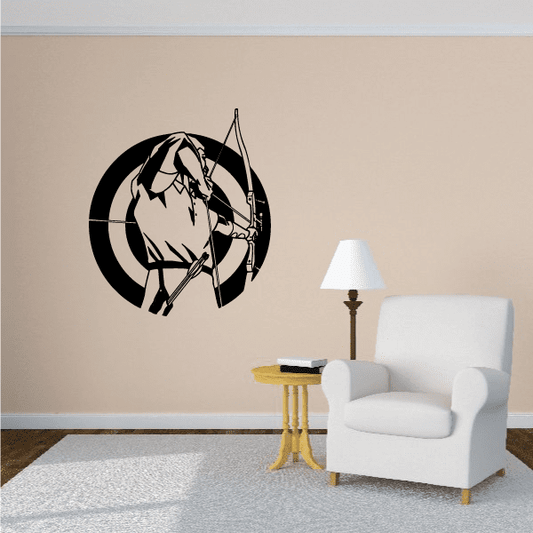 Male archer wall decal with bow and arrow in a black circular emblem