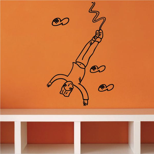 Male bungee jumping decal, black line drawing of a man with bungee cord and hooks