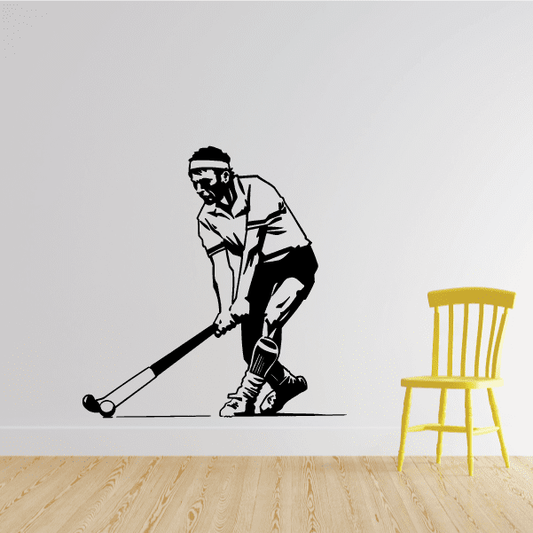 Black-and-white male field hockey player wall decal, holding a stick in a stance