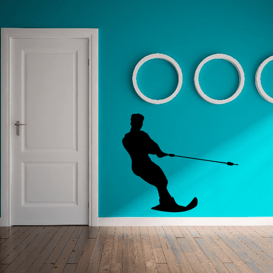 Male water skier silhouette decal with rope and circular rings