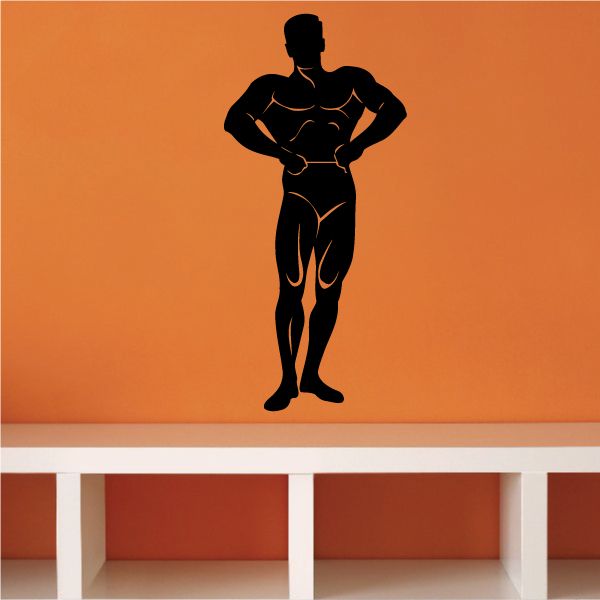 Flexing man fitness wall decal silhouette in dark color, full-body pose