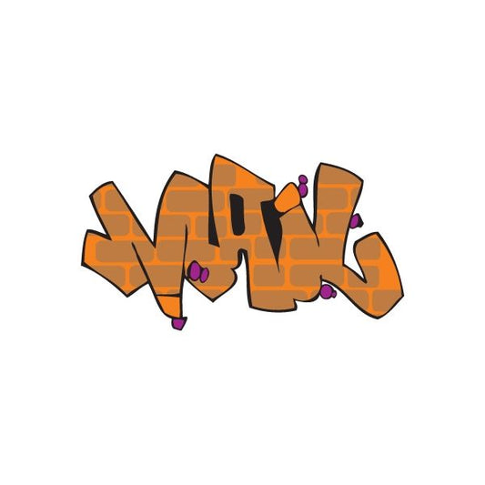 Orange graffiti word sticker with black outline and purple eye details