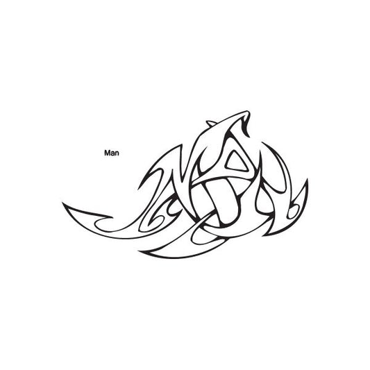 Black graffiti-style script decal with small “Man” text