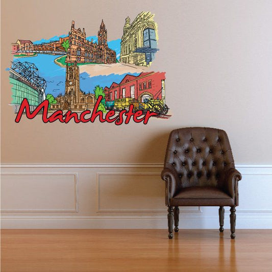 Manchester sticker with colorful city skyline and red script "Manchester" text