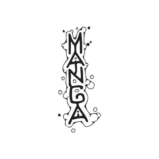 Graffiti manga letter decal in black with splash dots and outlined character