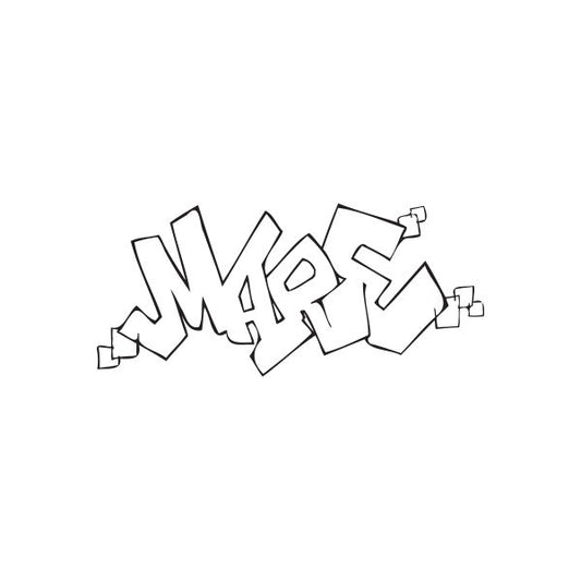 Graffiti-style wall decal with bold black lettering and sharp angular shapes.