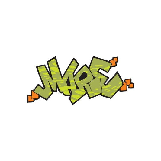 Green graffiti-style sticker with layered letters and orange accents