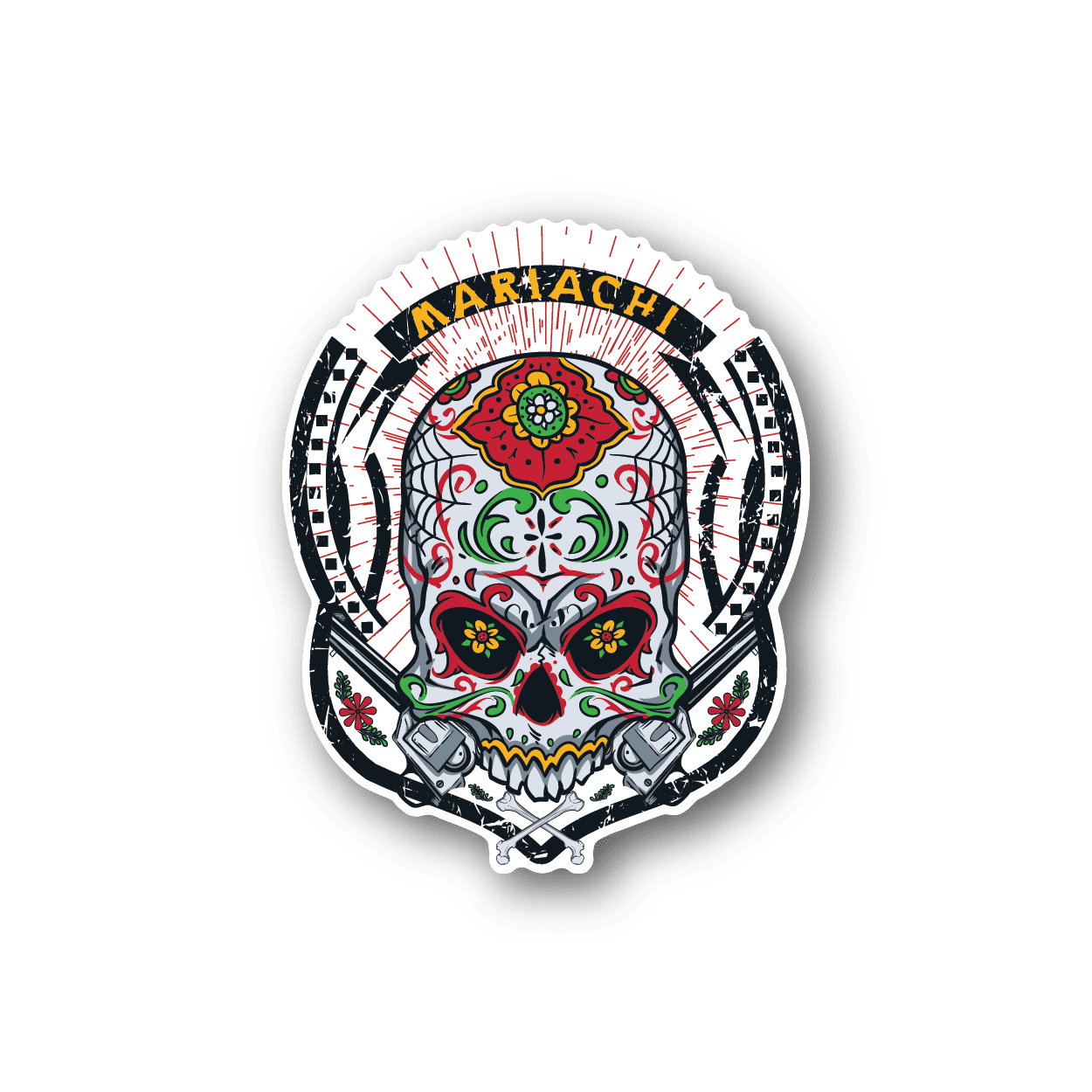 Vinyl sticker featuring a colorful mariachi sugar skull in circular design