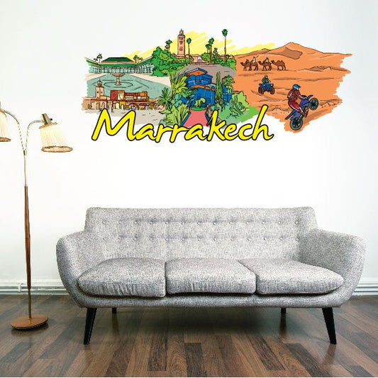 Marrakech wall sticker with colorful city illustration and cursive Marrakech text