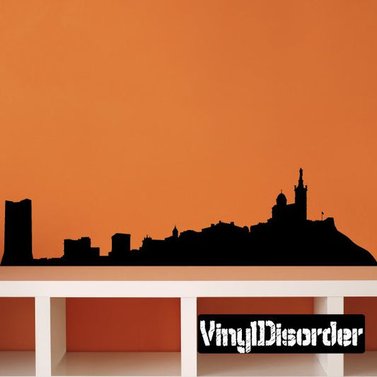 Black Marseille France skyline wall decal silhouette with tall lighthouse building.