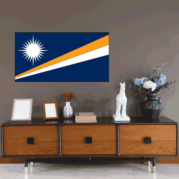 Marshall Islands flag sticker, rectangular with blue field, white sun, orange diagonal stripe