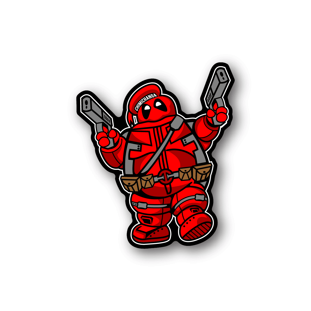 Red masked vinyl sticker with black outline and two raised arms
