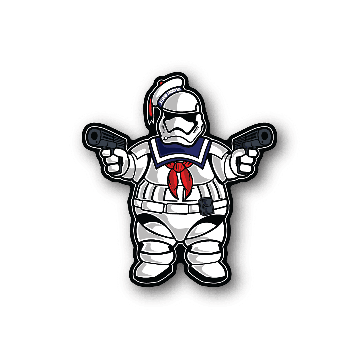 Trooper vinyl sticker with white-and-blue armor, red accents, and two blaster guns