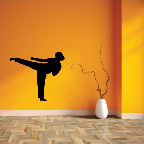 Black karate wall decal featuring a martial arts silhouette in a kick pose