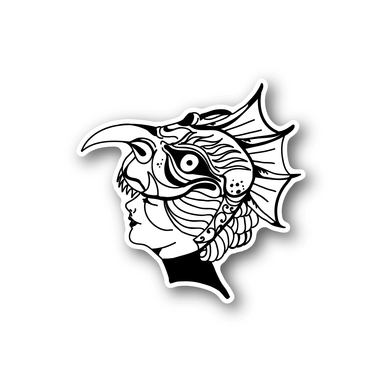 Mascarade Girl vinyl sticker of black-and-white profile with ornate striped headdress